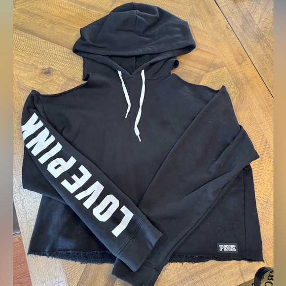 PINK Victoria's Secret Tops - VS PINK Black Cold Shoulder Hoodie with White LOVE PINK down sleeve